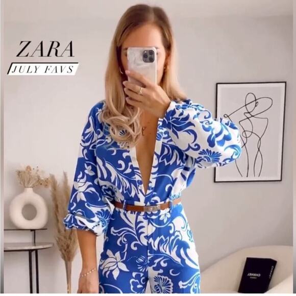 Zara Blue and White PRINTED LINEN BLEND SHIRT - Picture 2 of 9